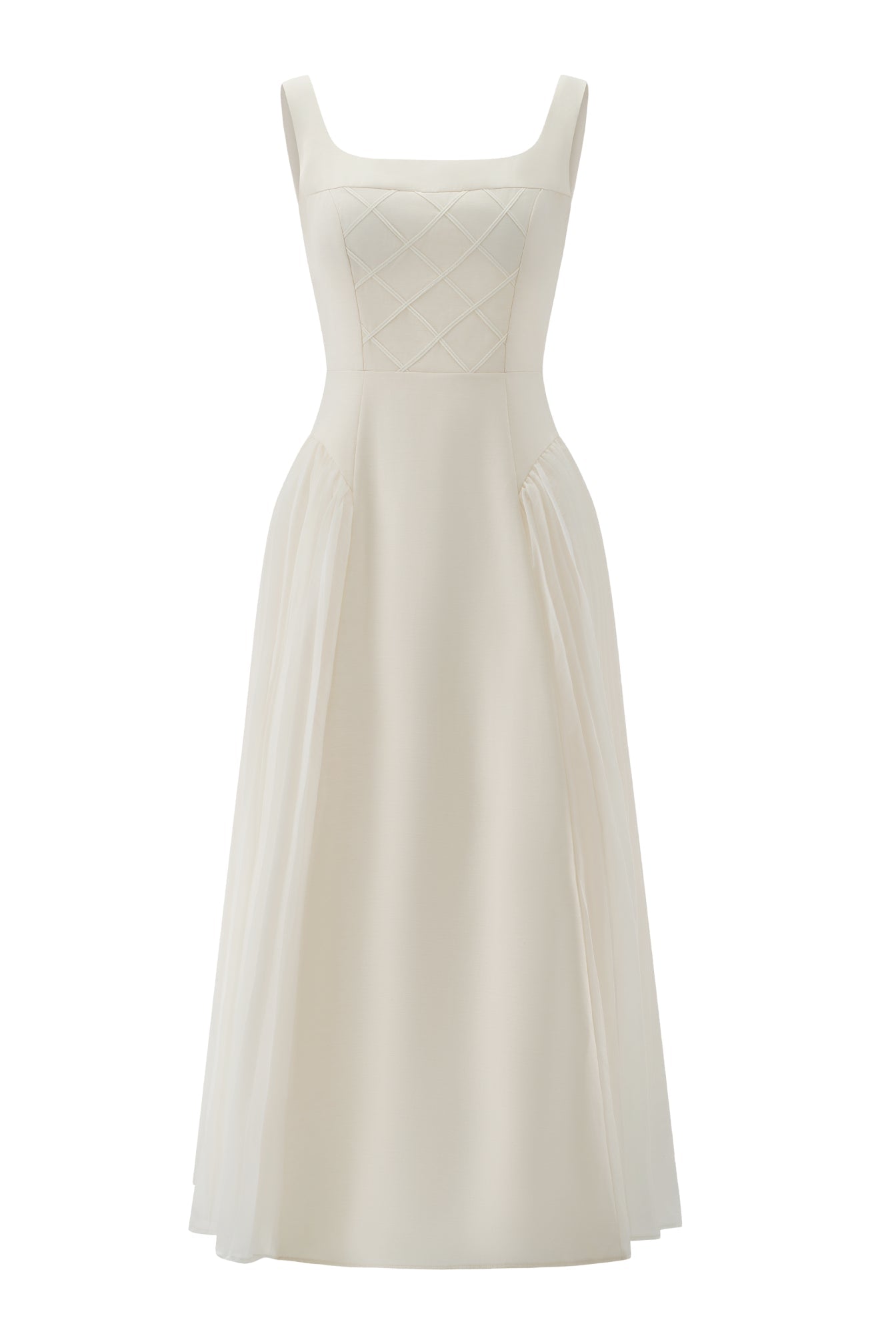 Lunar Ivory Quilted Corset Midi Dress - Moonlit Reverie