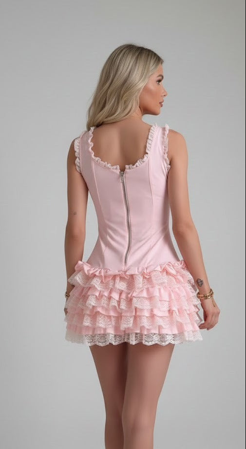 DH Early Spring Collection: "Blair" Petal Pink Ruffled Lace Mini Dress