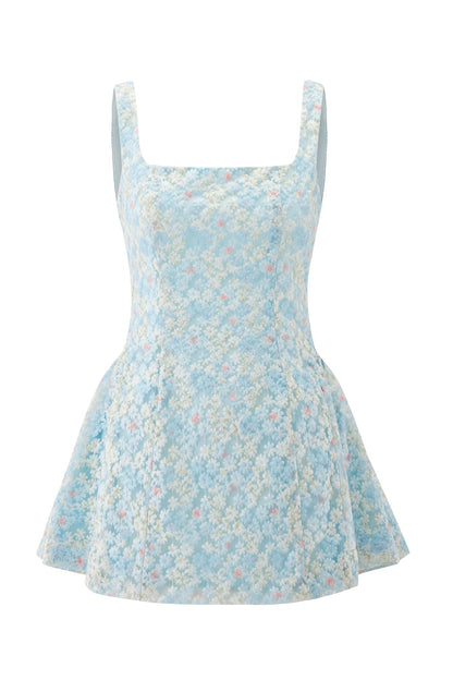 Couture-Inspired 3D Floral Corset Peplum Dress - Ethereal Ice Blue
