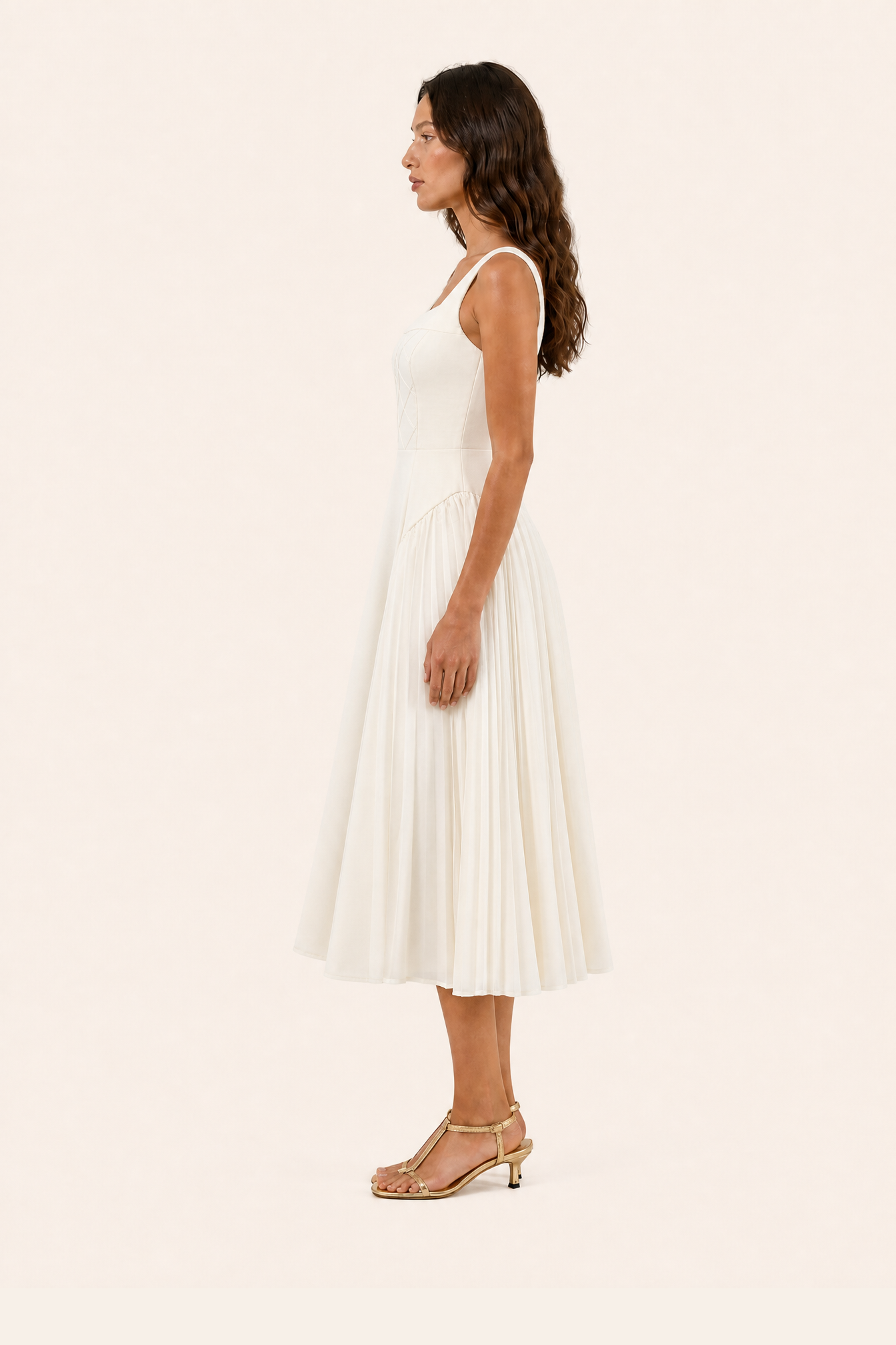 Lunar Ivory Quilted Corset Midi Dress - Moonlit Reverie