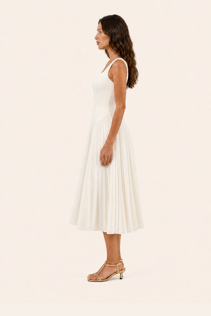 Lunar Ivory Quilted Corset Midi Dress - Moonlit Reverie