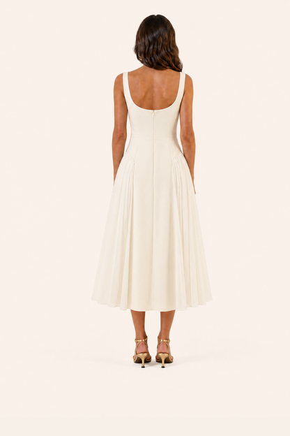 Lunar Ivory Quilted Corset Midi Dress - Moonlit Reverie