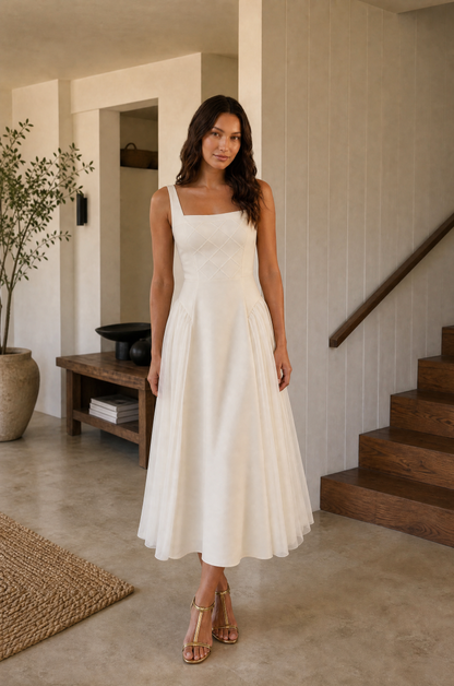 Lunar Ivory Quilted Corset Midi Dress - Moonlit Reverie