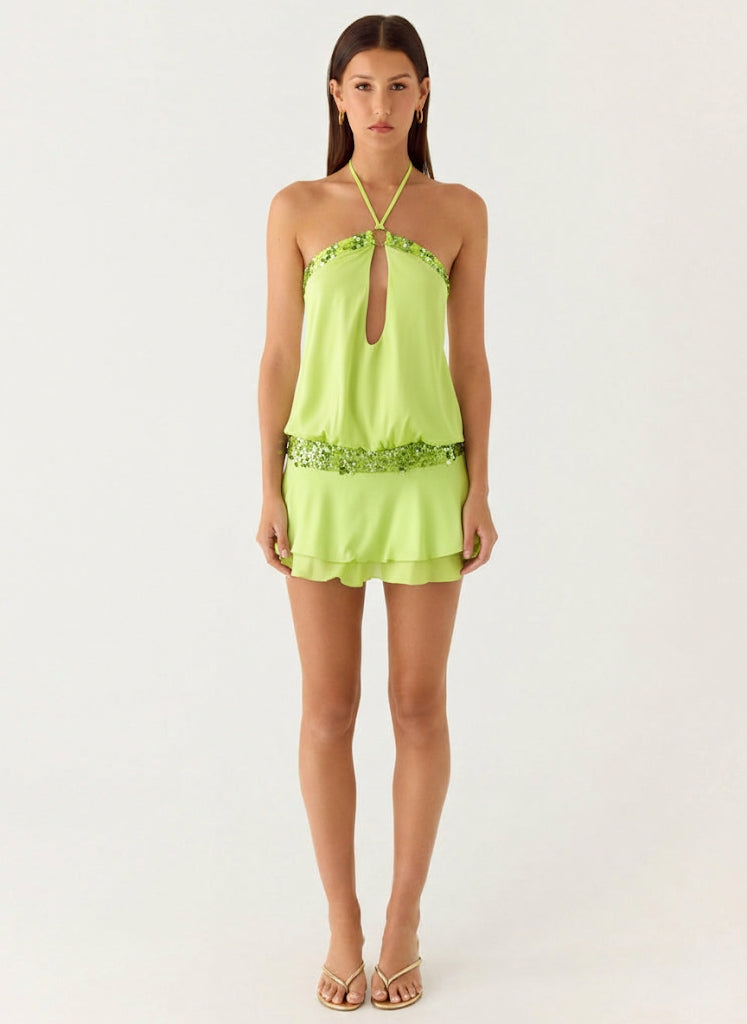 Sequin Embellished Halter Mini Dress - Green