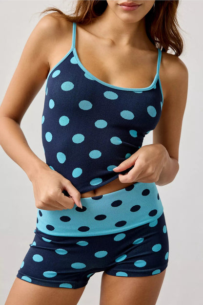 Polka Dot Seamless Knit Cami + Micro Short 2-Piece Set - Blue Topaz