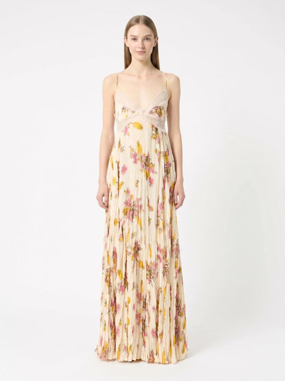 Ione Floral Lace Tie-Back Pleated Maxi Dress - Moonlit Wildflower