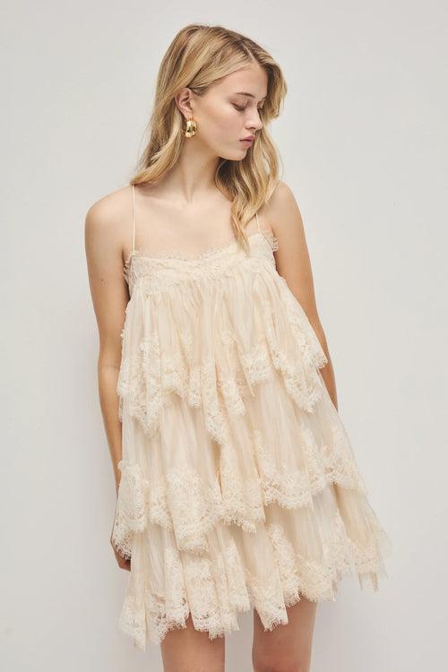Champagne Lace Tiered Mini Dress