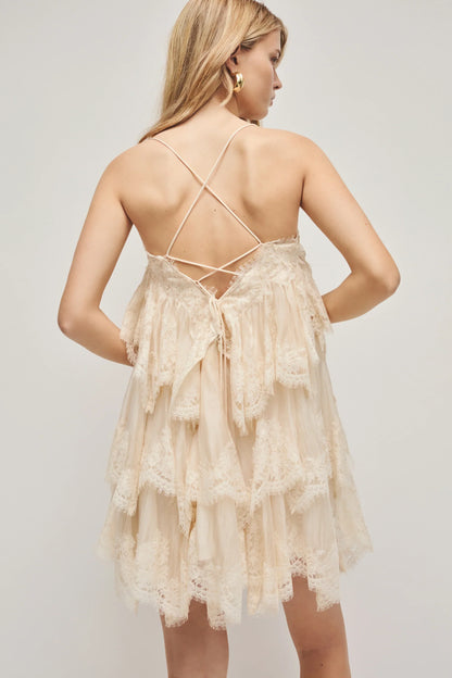 Champagne Lace Tiered Mini Dress