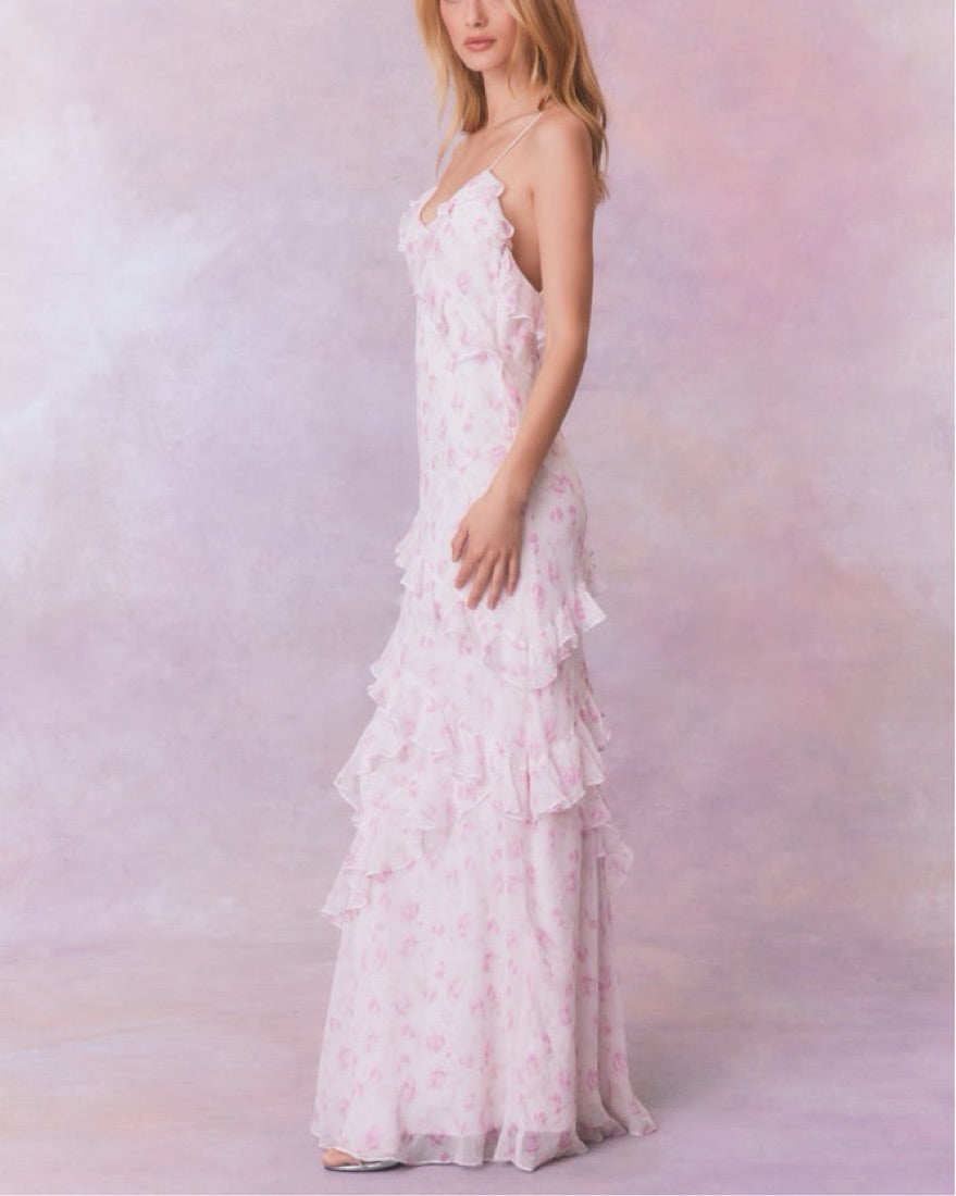 Whispering Petal Low-Back Ruffle Maxi Dress - Hidden Garden Edition