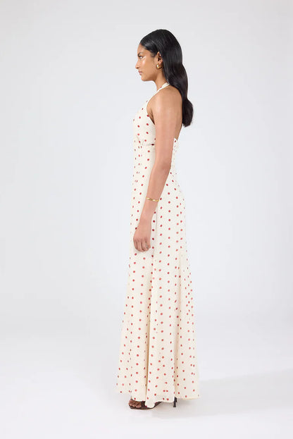 Ivana Halter Chiffon Maxi Dress Cream/Red Polka Dot