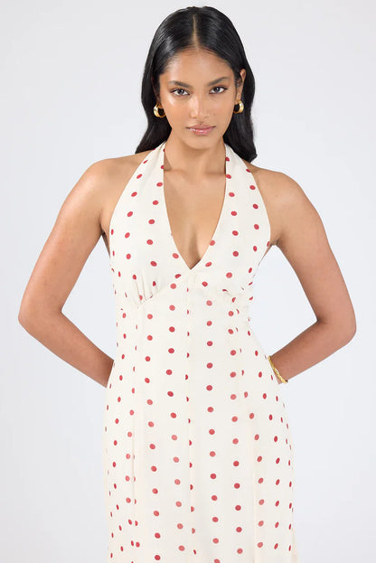 Ivana Halter Chiffon Maxi Dress Cream/Red Polka Dot