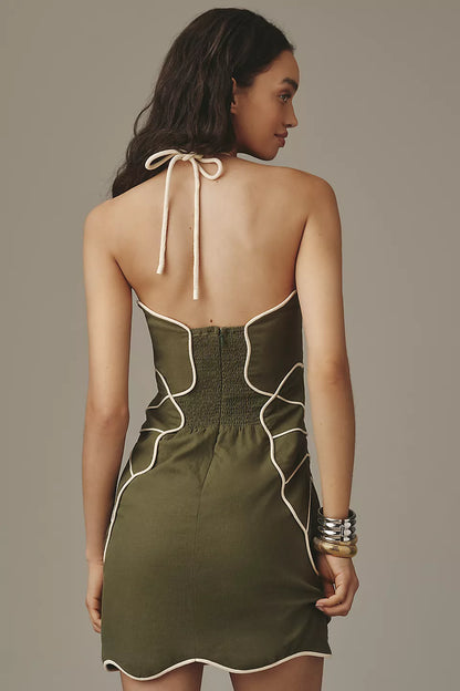 Olive Bloom Halter Mini Dress