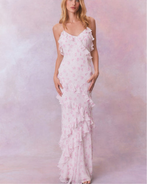 Whispering Petal Low-Back Ruffle Maxi Dress - Hidden Garden Edition