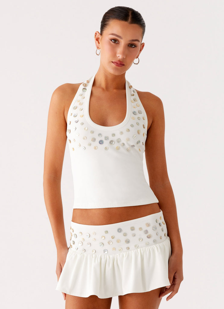 DH Early Spring Collection | "Aria" Pearl-Button Embellished Halter Top & Ruffled Mini Skirt Set