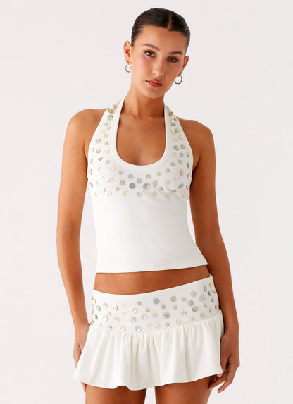 DH Early Spring Collection | "Aria" Pearl-Button Embellished Halter Top & Ruffled Mini Skirt Set