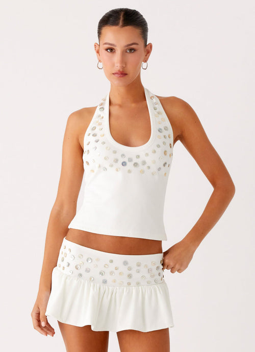 DH Early Spring Collection | "Aria" Pearl-Button Embellished Halter Top & Ruffled Mini Skirt Set