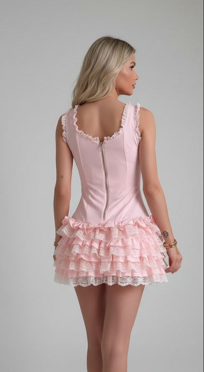 DH Early Spring Collection: "Blair" Petal Pink Ruffled Lace Mini Dress