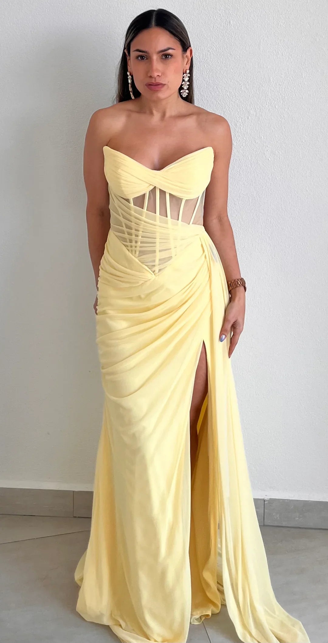 Yellow Boned Sheer Slit Maxi Dress
