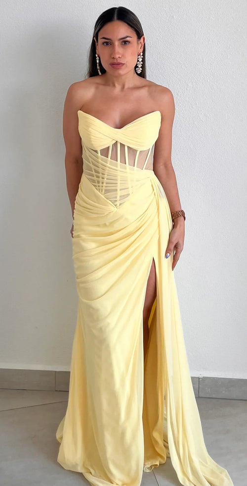 Yellow Boned Sheer Slit Maxi Dress