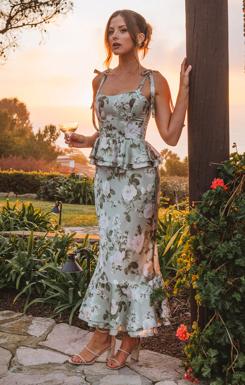 DH Early Spring Collection | "Ethereal Garden" Floral Peplum Corset Maxi Dress