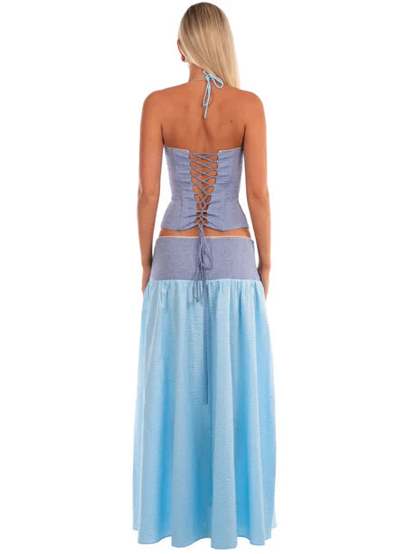 Blue Contrast Waist Flowy Maxi Skirt