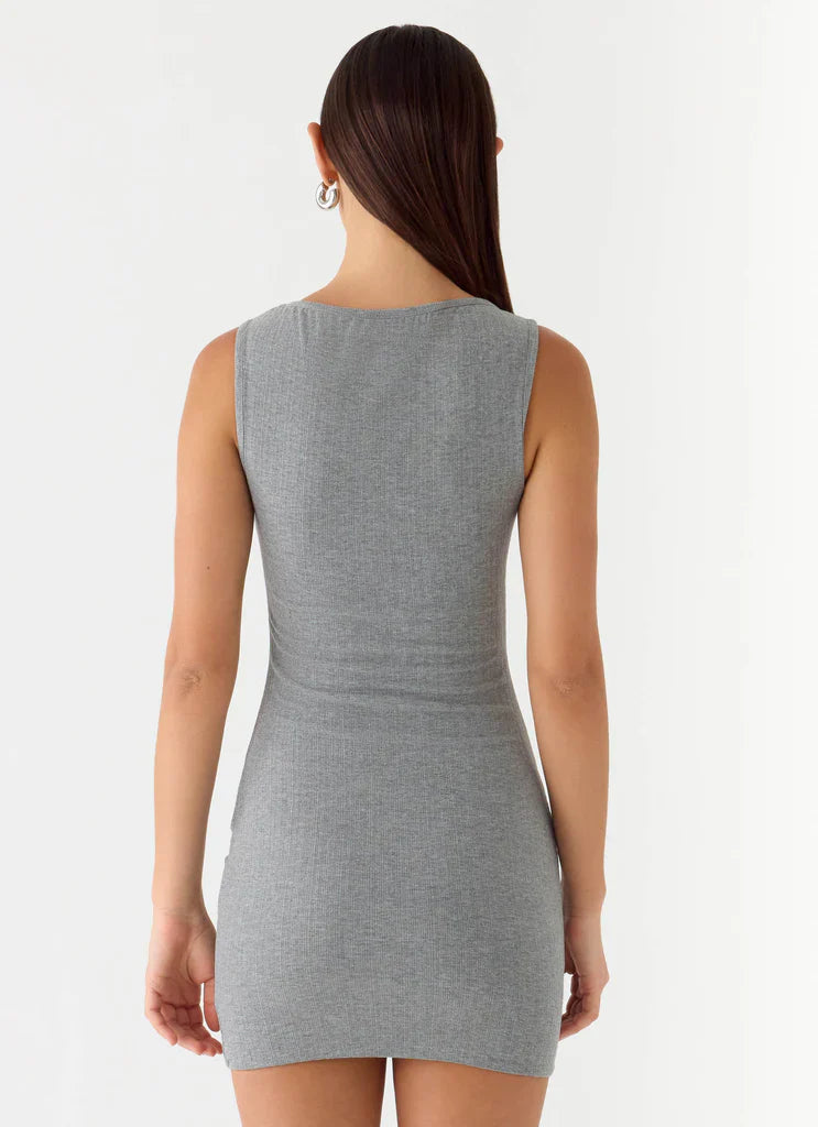 Grey Ribbed Twist Bodycon Mini Dress