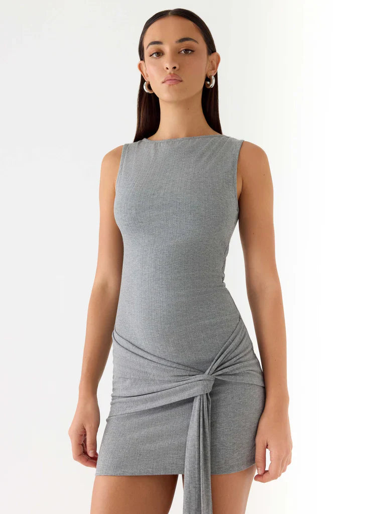 Grey Ribbed Twist Bodycon Mini Dress