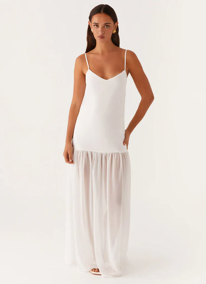 White Sheer Chiffon V Slip Maxi Dress