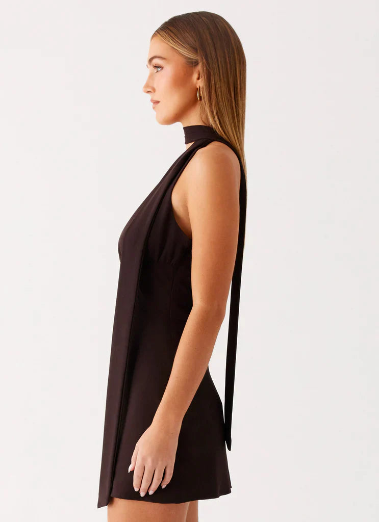 Sienna Deep V Halter Mini Dress - Brown