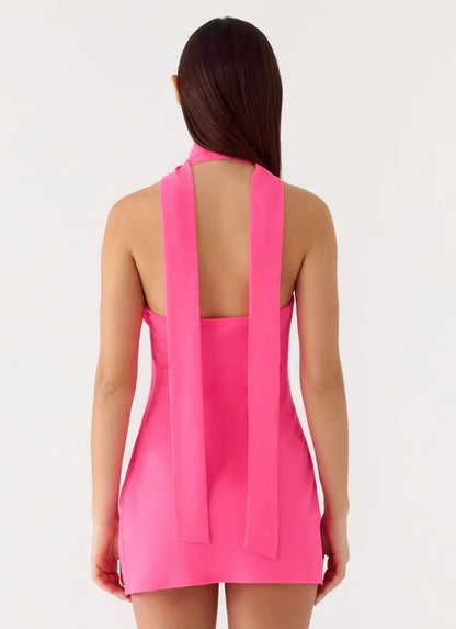 Sienna Deep V Halter Mini Dress - Fuchsia