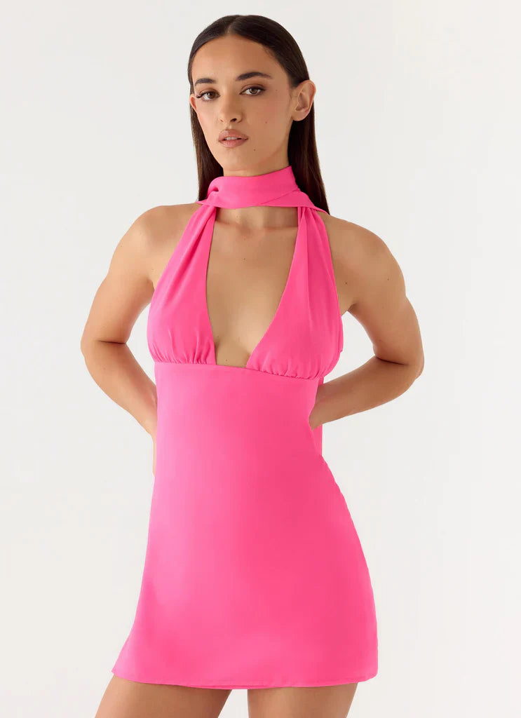 Sienna Deep V Halter Mini Dress - Fuchsia