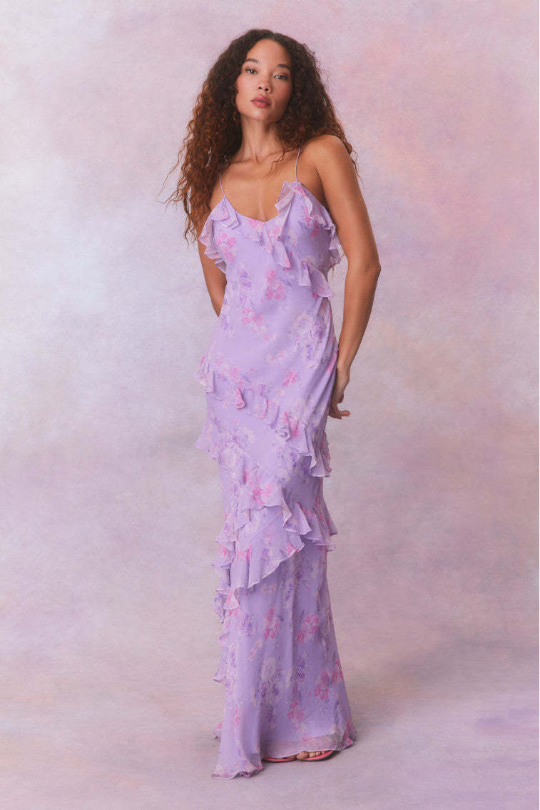 Enchanted Lavender Floral Ruffle Chiffon Maxi Dress - Moonlit Bloom