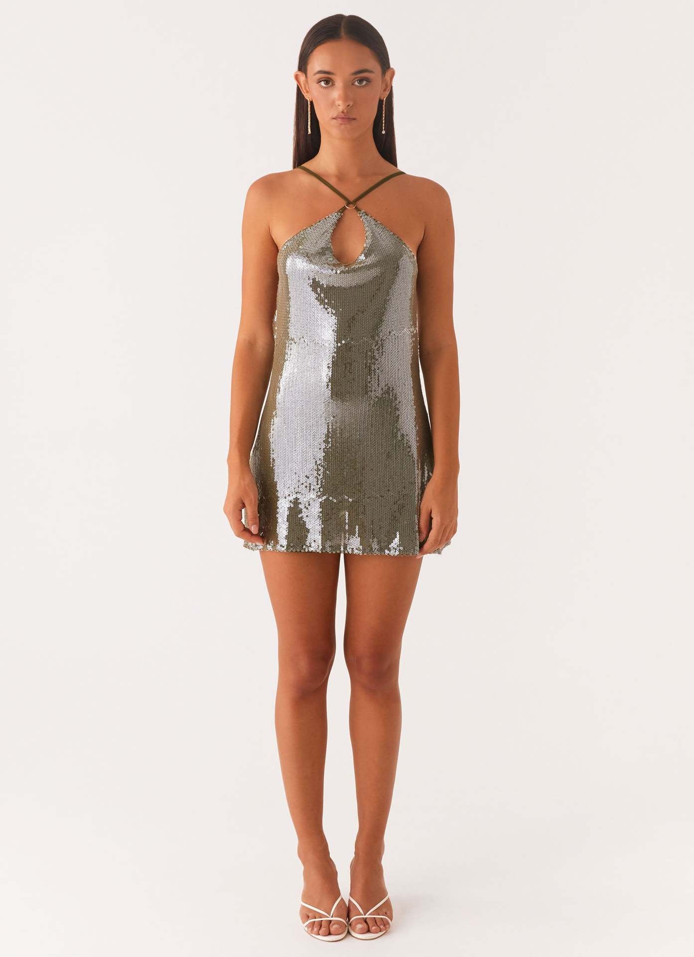 Olive Crosslight Sequin Mini Dress