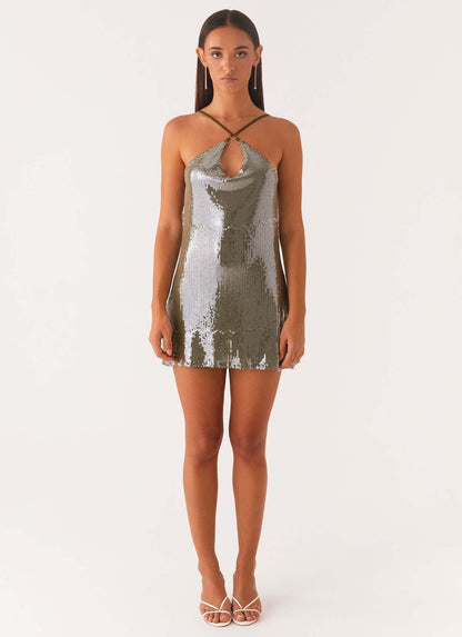 Olive Crosslight Sequin Mini Dress