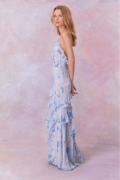 Lunar Blue Floral Ruffle Chiffon Maxi Dress - Moonlit Whisper Edition