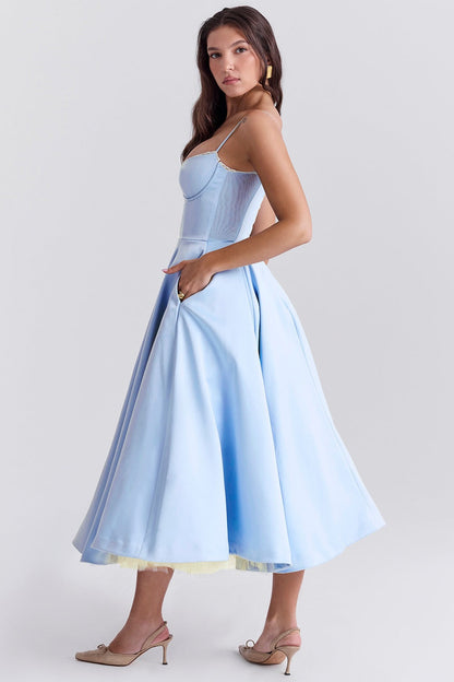 Sky Blue Satin Corset Midi Dress