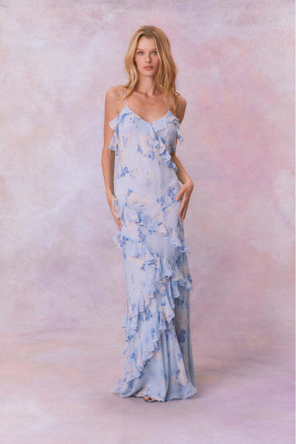 Lunar Blue Floral Ruffle Chiffon Maxi Dress - Moonlit Whisper Edition