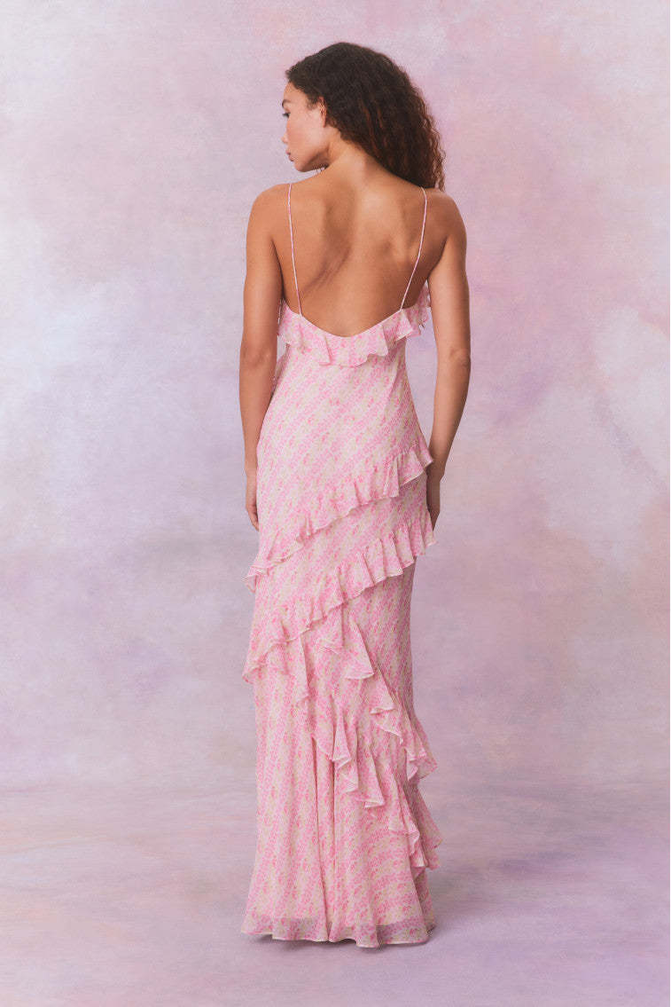 Blush Enchanted Ruffle Chiffon Maxi Dress - Moonlit Petal Edition