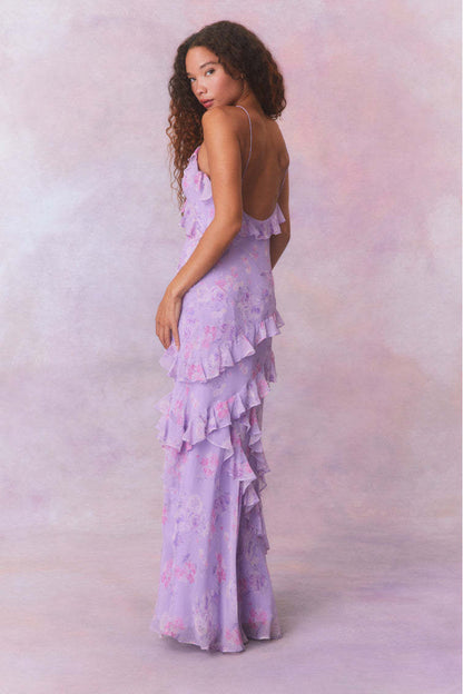 Enchanted Lavender Floral Ruffle Chiffon Maxi Dress - Moonlit Bloom