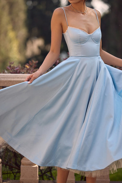 Sky Blue Satin Corset Midi Dress