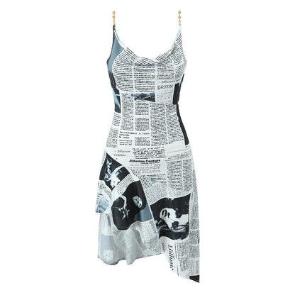 Vintage Print Slim Fit Irregular Hem Cami Mini Dress