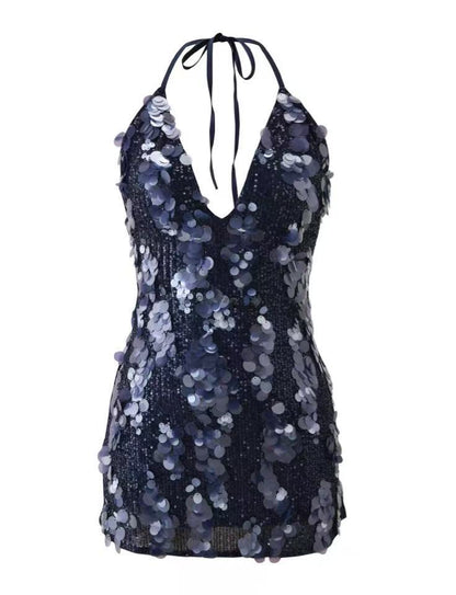 Navy Sequin Halter Mini Dress