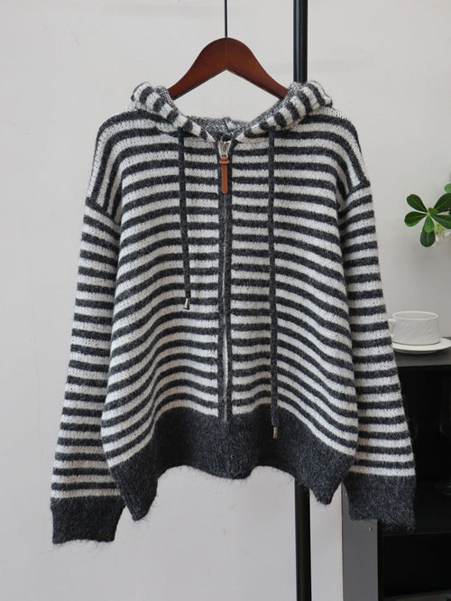 Striped Zip-Up Hoodie Knit Cardigan – Casual Chic