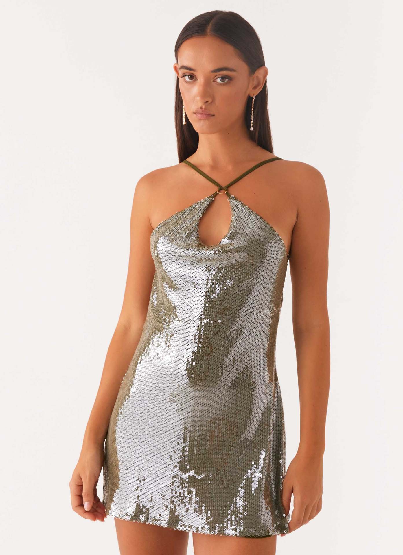 Olive Crosslight Sequin Mini Dress