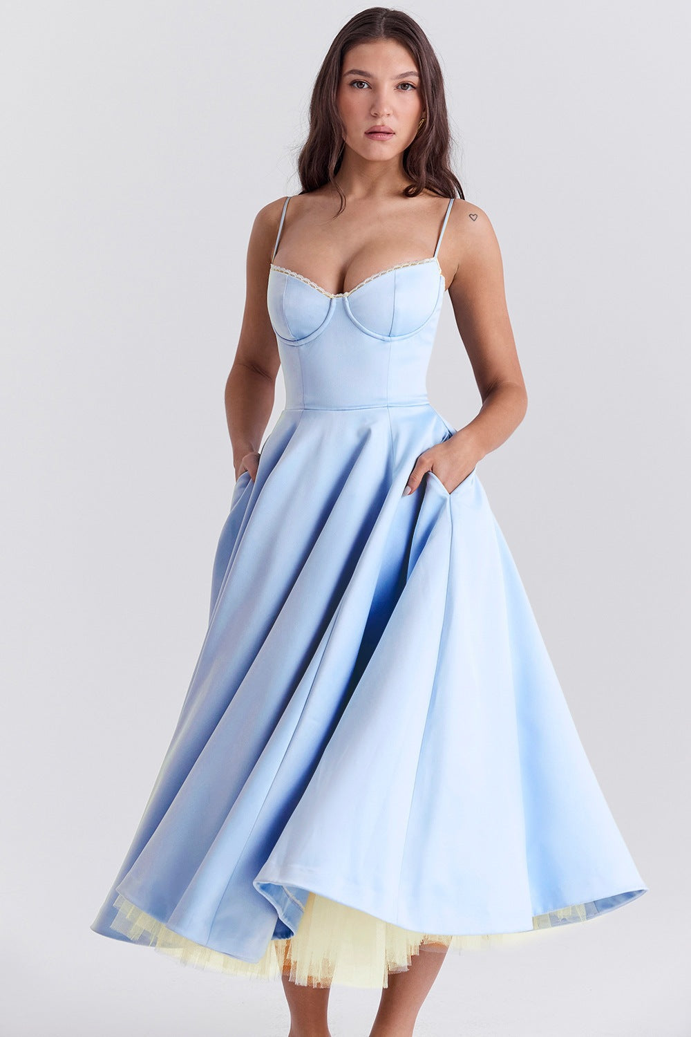Sky Blue Satin Corset Midi Dress
