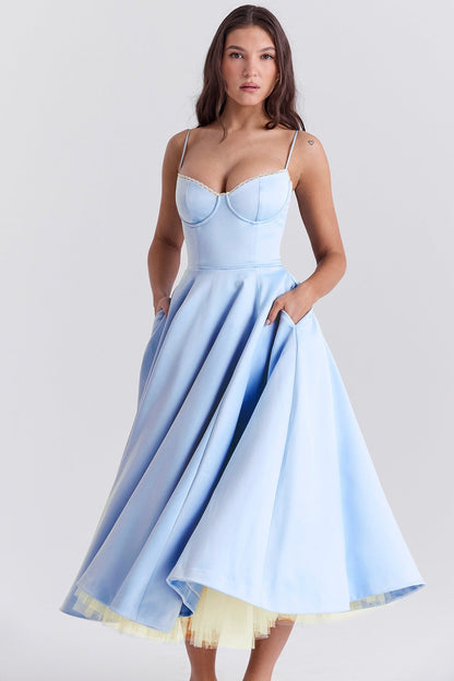Sky Blue Satin Corset Midi Dress