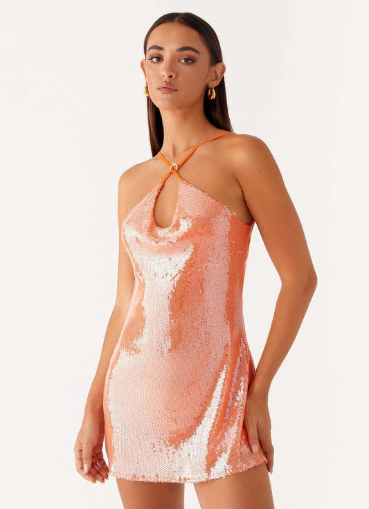 Orange Crosslight Sequin Mini Dress