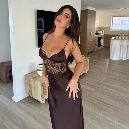 Mocha Élan Lace Satin Gown