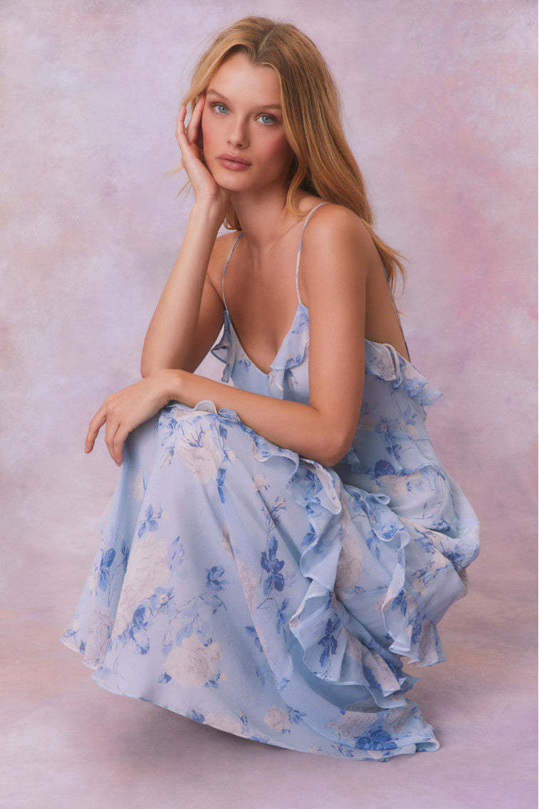 Lunar Blue Floral Ruffle Chiffon Maxi Dress - Moonlit Whisper Edition