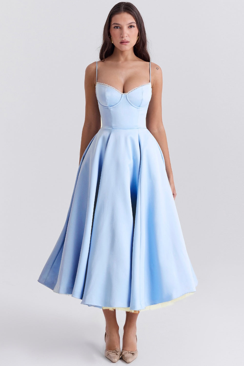 Sky Blue Satin Corset Midi Dress